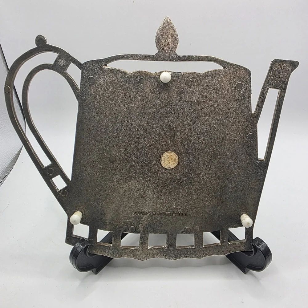 Vintage 1992 Godinger Teapot Trivet Silver Plated Etched Metal Hot Pad